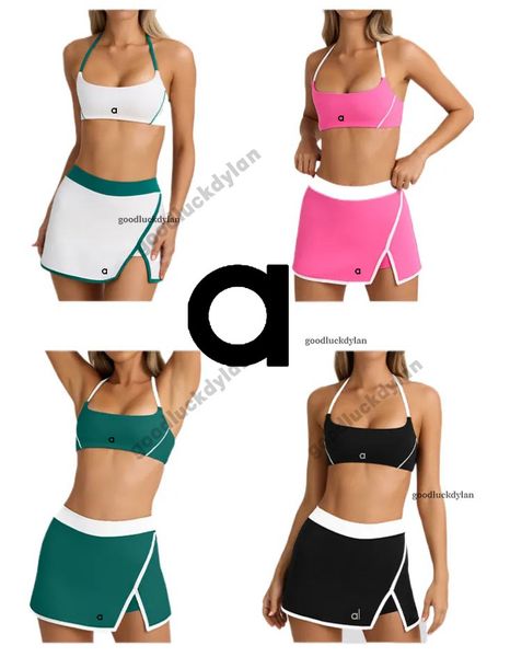 alocardio 5A Quality Yoga Outfits Fitness Clothes Women's Yoga Bra Set with Tank Top Short Skirt for Fitness Running Outdoor Activities Black/White/Green/Pink