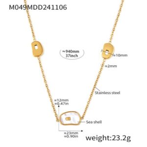 Mirelle French-style natural white sea shell long layered necklace with luxurious feeling stainless steel sweater chain