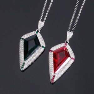 S925 Silver Faux Red Ruby Emerald Creative Triangle Pendant Necklace, 16x26mm Main Stone Design, Stylish and Elegant Women's Jewelry, Perfect for Any Occasion