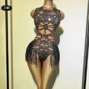Stage Wear Black Bodysuit Rhinestone Tassel Latin Dancer Women Party Sleeveless Elastic Leotard Nightclub Dance Festival Outfit