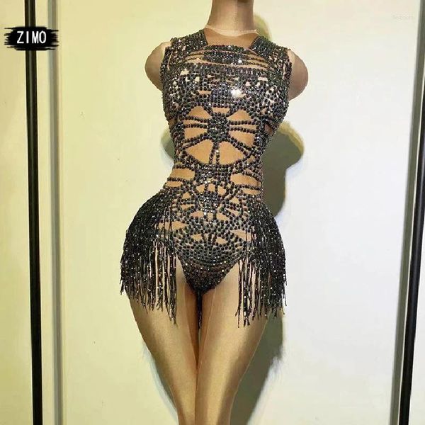 Stage Wear Black Bodysuit Rhinestone Tassel Latin Dancer Women Party Sleeveless Elastic Leotard Nightclub Dance Festival Outfit