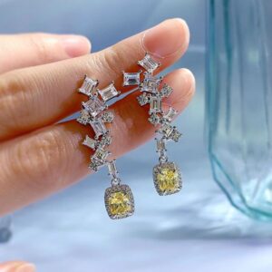 S925 Sterling Silver Long Drop Earrings with Yellow Simulated Diamond, Cushion Cut & Zirconia, Elegant Jewelry for Special Occasions