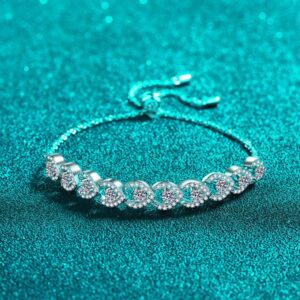 925 Sterling Silver Adjustable Heart Design Bracelet, Platinum Plated, Luxury CZ Crystal, Dainty and Elegant Jewelry for Women