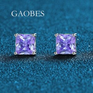 S925 Sterling Silver Minimalist Four-Prong Square Earrings with Green, Blue, Purple, and Pink Gemstones, Elegant and Small Luxury Studs