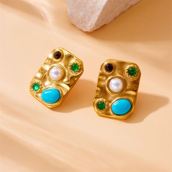 2025 court-style retro stainless steel pearl turquoise black agate jade square ear studs accessory for women fashionable earrings jewelry