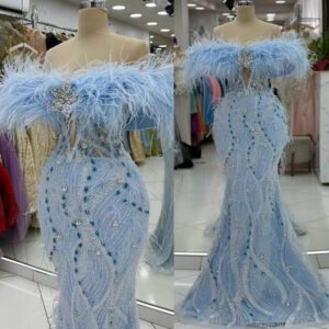 Light Sky Blue Mermaid Prom Dresses 2025 Feather Rhinestones Luxurious Evening Formal Party Second Birthday Engagement Gowns Plus Size Dress For Special Occasions