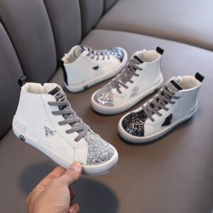 Fashion sequins sneakers INS kids bling letter lace-up casual children soft bottom ankle shoes S1088