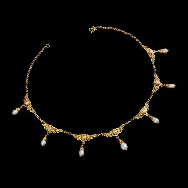 Byzantium Vintage 18K Gold Vermeil Filament Natural Freshwater Pearl Choker Necklaces Traditional Chinese Scroll Pattern Chains