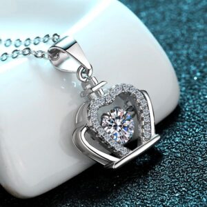 Sterling Silver Heart Crown Pendant Necklace with Dazzling Center Stone