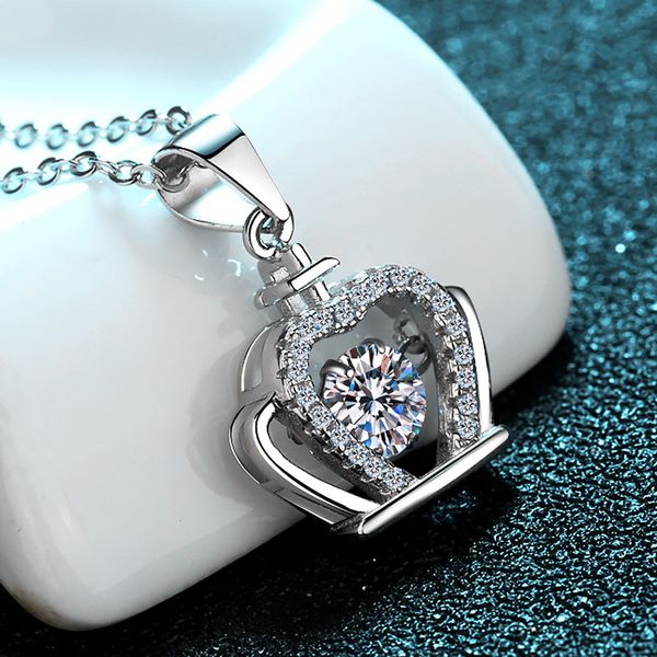 Sterling Silver Heart Crown Pendant Necklace with Dazzling Center Stone