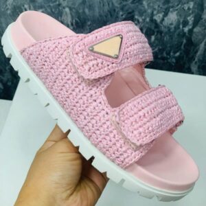 2024 slide platform slippers Flat braided raffia comfort sandals with signature triangle open toes shoes designer for women holiday sandal factory footwear