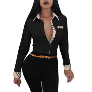 Women's Blouses & Shirts Spring Autumn Solid Shirt 2024 Femme Plaid Trim Buttoned Up Casual Long Sleeve Blouse Office Ladies Elegant Outfits