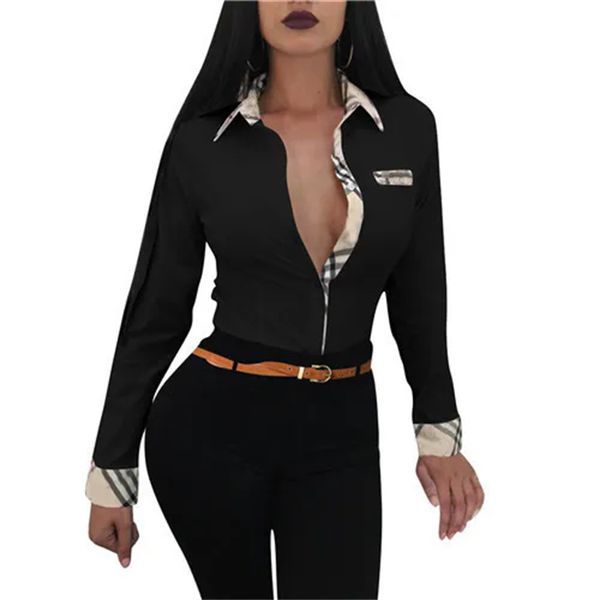 Women's Blouses & Shirts Spring Autumn Solid Shirt 2024 Femme Plaid Trim Buttoned Up Casual Long Sleeve Blouse Office Ladies Elegant Outfits