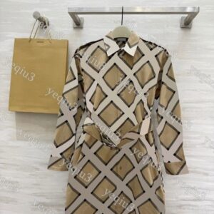 Women Dress Top Quality Luxury Classic Striped Plaid A-line Skirt With Belted Waist Lapel Long Sleeve Trench Dress Fashion Designer Women Clothing