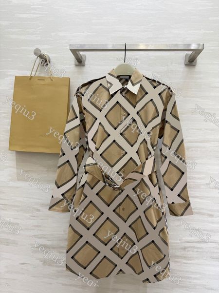 Women Dress Top Quality Luxury Classic Striped Plaid A-line Skirt With Belted Waist Lapel Long Sleeve Trench Dress Fashion Designer Women Clothing