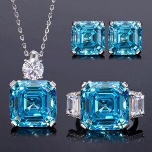 S925 Silver Ascher-Cut Sea Blue Topaz Pendant Necklace & Ring Set with High-Carbon Diamond Accents, Princess Cut, Elegant Jewelry for Women