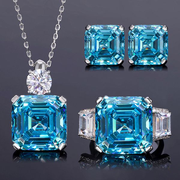 S925 Silver Ascher-Cut Sea Blue Topaz Pendant Necklace & Ring Set with High-Carbon Diamond Accents, Princess Cut, Elegant Jewelry for Women