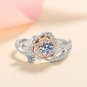 925 Sterling Silver Rose Gold Moissanite Ring, Floral Design with Diamond Accents, Elegant Engagement or Wedding Ring for Women