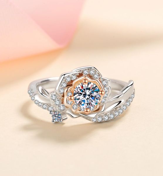 925 Sterling Silver Rose Gold Moissanite Ring, Floral Design with Diamond Accents, Elegant Engagement or Wedding Ring for Women