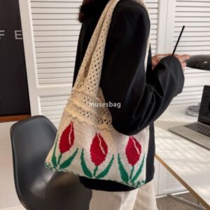 New high-quality knitted bag woven bag shoulder bag Japanese and Korean tote bag bohemian tulip flower bag women bag