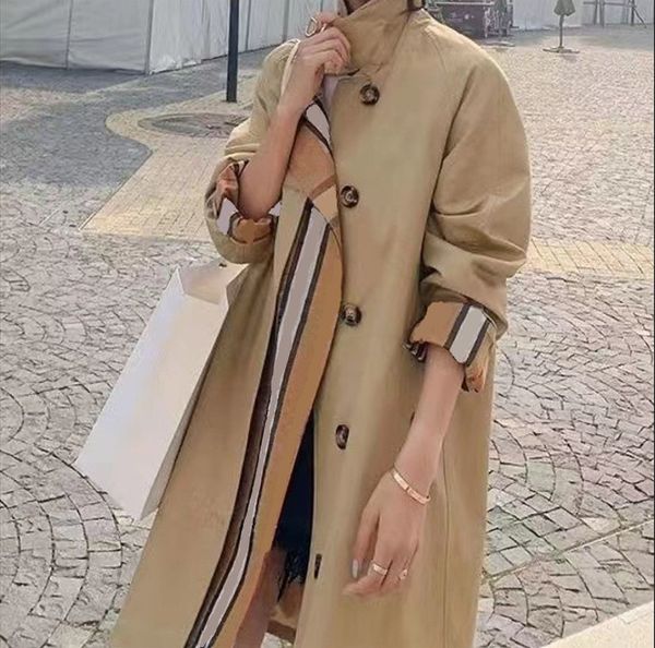 Designer Coat European and American Stripe Style Fashion ing Fake Two Loose Women's Mid-Length Trench Coats