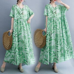 B420 Mori girl rural style summer new art plus size plus size print short sleeve dress