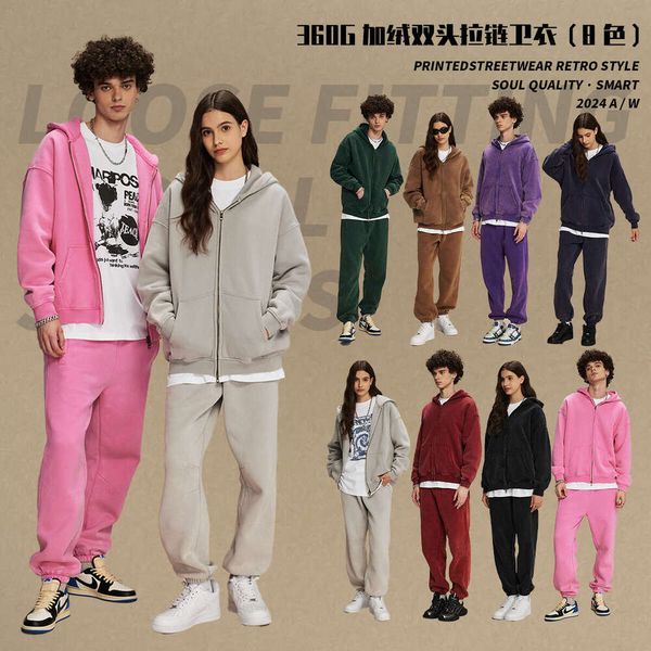 2024 Autumn Winter New Wax Dye Vintage Trendy Men's Oversized Loose Washed Fleece Hoodie