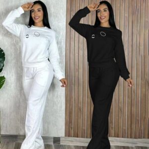 Designer Women's Suit Hoodie New Fashion Sexy Long Sleeve Embossed Set Embroidery Pocket Wide Leg Two Pieces
