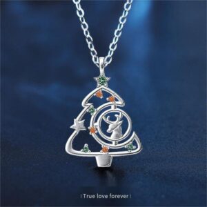 925 Sterling Silver Christmas Tree Necklace with Reindeer Pendant, Colorful Cubic Zirconia, Festive Jewelry Gift for Her