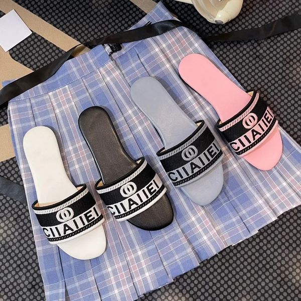 Embroidered Fabric Slide Sandals Designer one-word slippers d family letter For Women Summer Beach Walk Sandals Fashion Low heel Flat slipper Shoes Size 37-42