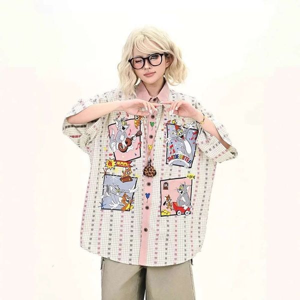 2XL Size 150kg Tom and Jerry Plaid Short Sleeve Unisex Loose Casual Versatile Couple Shirt