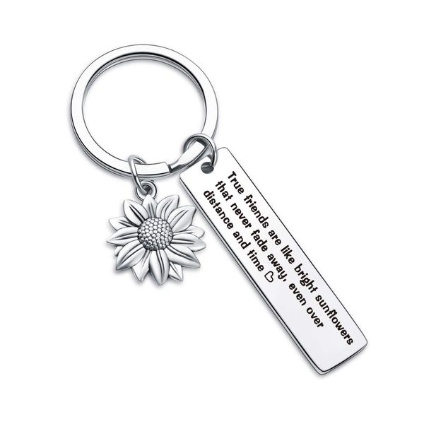 Friendship inspirational stainless steel engraved keychain sunflower peach heart gift for friends and girlfriends