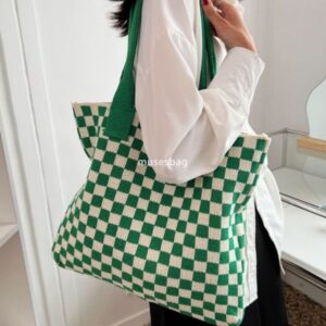 New Instagram Two tone Combination High Quality Bag Knitted Bag Fashionable Shoulder Bag Black and White Checkered Bag Large Capacity Tote Bag Retro