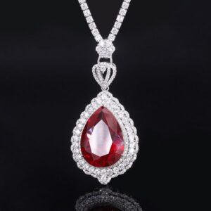 S925 Silver Faux Pigeon Blood Ruby Large Water-Drop Pendant Necklace, 18x25mm Luxury Design, Exquisite Luxury Women's Jewelry