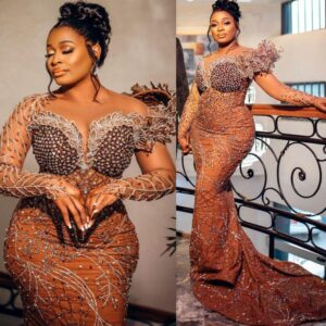 2024 Aso Ebi Plus Size Brown Mermaid Prom Dress Beaded Crystals Florals Evening Party Second Reception 50th Birthday Engagement Thanksgiving Gowns Dresses ZJ51