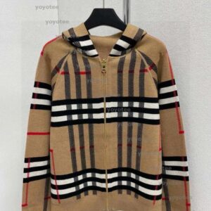 Luxury Knitted Women's Open Zipper Woolen Sweater Khaki Jacket Long Sleeve Checkered Knitted Double sided Jacket Designer Autumn/Winter Knitted Top BFG2411287