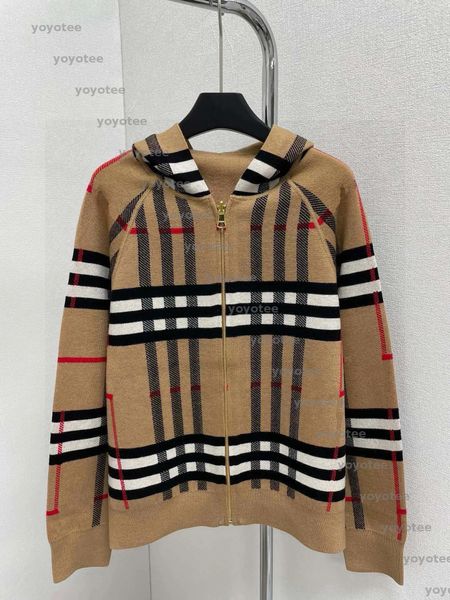 Luxury Knitted Women's Open Zipper Woolen Sweater Khaki Jacket Long Sleeve Checkered Knitted Double sided Jacket Designer Autumn/Winter Knitted Top BFG2411287