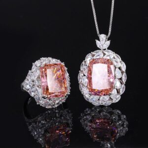 S925 Silver High Carbon Diamond Padparadscha Luxury Inlaid Set, 1318-1216 High-Quality Diamond Earrings, Ring & Necklace Set, Perfect for Weddings and Special Occasions