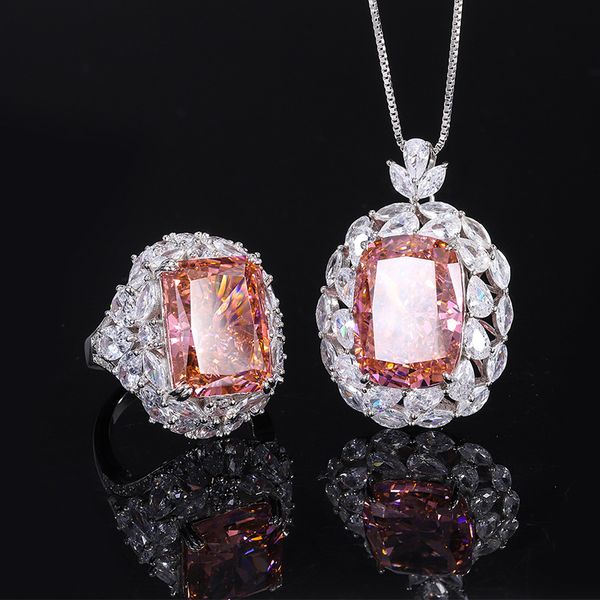 S925 Silver High Carbon Diamond Padparadscha Luxury Inlaid Set, 1318-1216 High-Quality Diamond Earrings, Ring & Necklace Set, Perfect for Weddings and Special Occasions