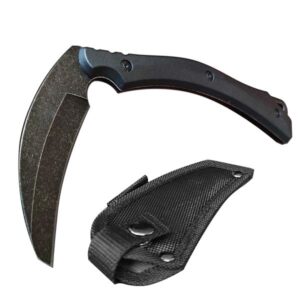 Survival Utility Sickle Knife Black Stonewash Multifuntional Full Tang Outdoor Axe Knife Camping Hunting Tools PU Protection Leather Sheath