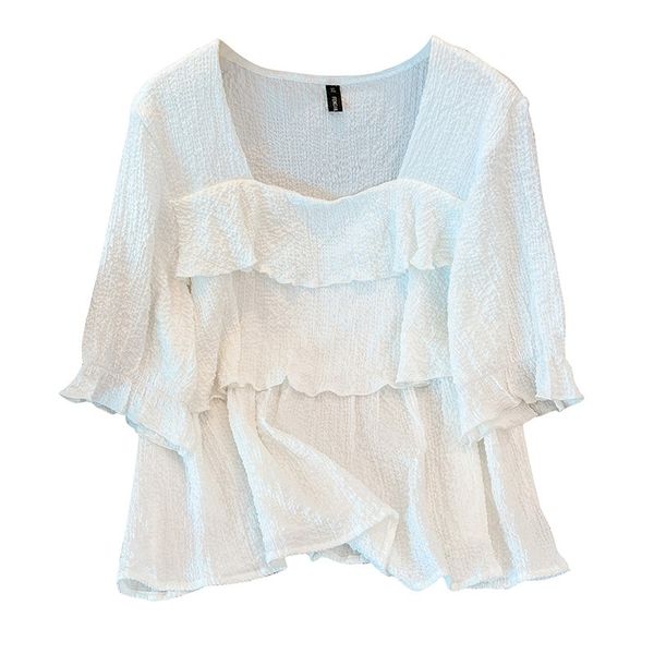 Plus size, 200 pounds MM new style temperamentleaf covered belly pear shaped hidden meat shoulder shirt 3253