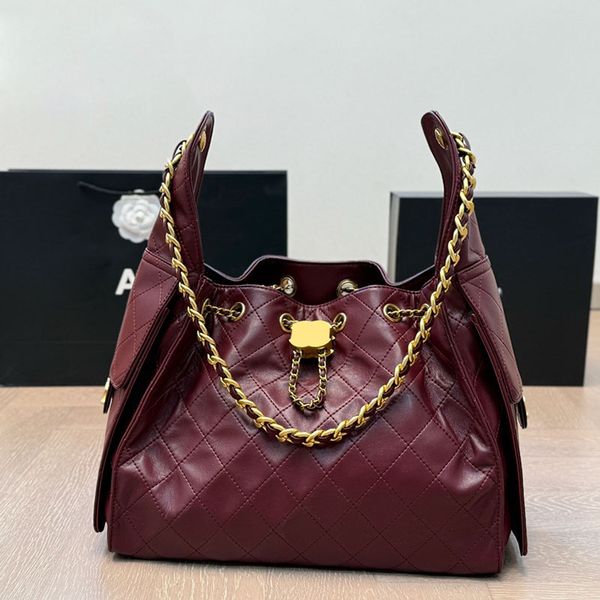 Women Large Casual Hobo Underarm Bag Golden Buckle Shoulder Tote with Flap Pockets Diamond Lattice Matelasse Chain Strings Handbag Multi Colors Wallet 34x27cm