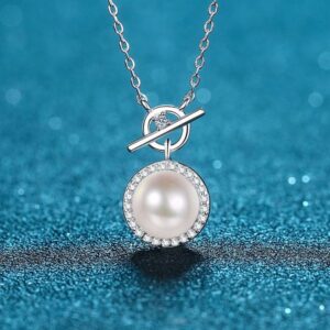 925 Sterling Silver Freshwater Pearl Moissanite Pendant Necklace with 9mm Flawless Pearl for Women, Lock Clasp Design, Elegant Jewelry Gift