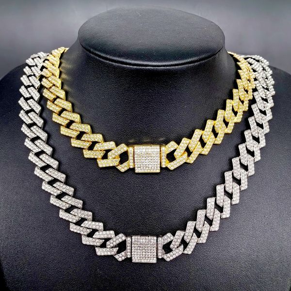 New 15mm Cuban Chain with Diamond Full Pave Hip Hop Necklace, Heavy Duty Gold/Silver Plated Cross-Border Jewelry