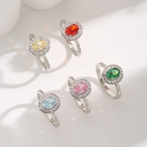 Elegant Multi-Colored Gemstone Oval Rings in Silver for Women – High-Quality Diamond Accent Jewelry, Perfect for Engagement or Fashion Wear