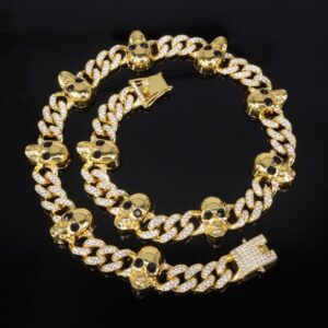 Trendy Gold and Silver Skull Diamond Cuban Link Chain Necklace for Men and Women – Hiphop Punk Style, Cool and Fashionable