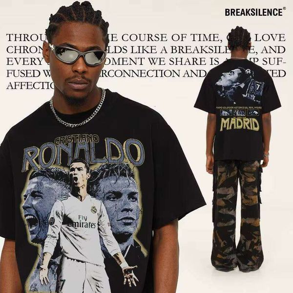 Cross-border Ronaldo 210g Heavyweight Pure 100% Cotton Double Yarn Casual American Style Printed Small Collar Unisex T-Shirt