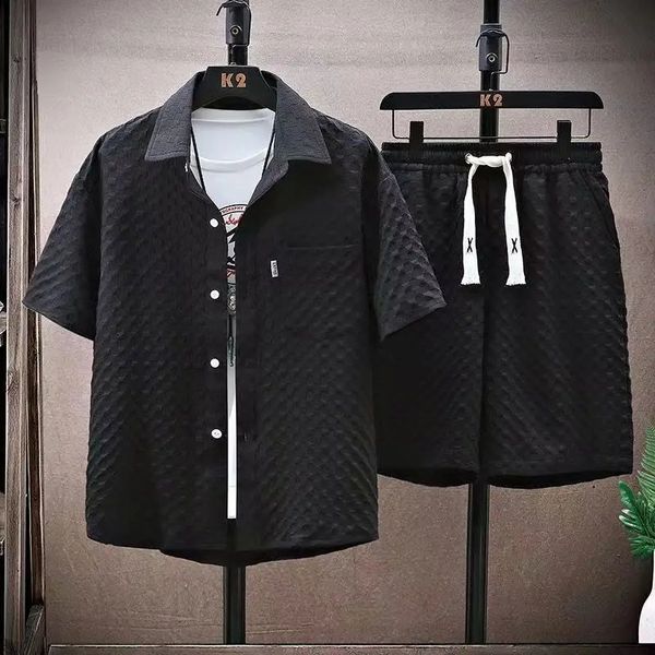 Summer Men Sets Casual Oversize Plaid Lapel Short Shirts Shorts TwoPiece Solid Sleeve Loose Fashion Streetwear 240601 14