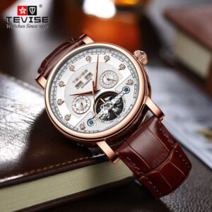 TEVISE Automatic Mechanical Watch Mens Business Fashion Mens Mechanical Wristwatch Waterproof Leather Watch T023 T867C