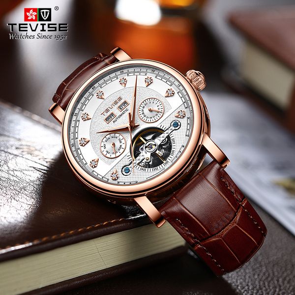 TEVISE Automatic Mechanical Watch Mens Business Fashion Mens Mechanical Wristwatch Waterproof Leather Watch T023 T867C